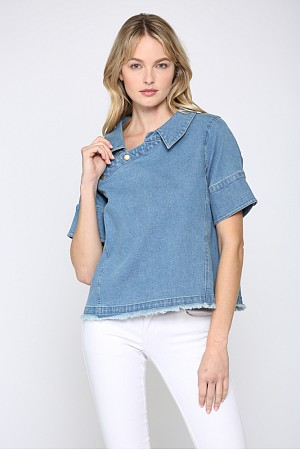 CROPPED WASHED DENIM TOP/BUTTO ...